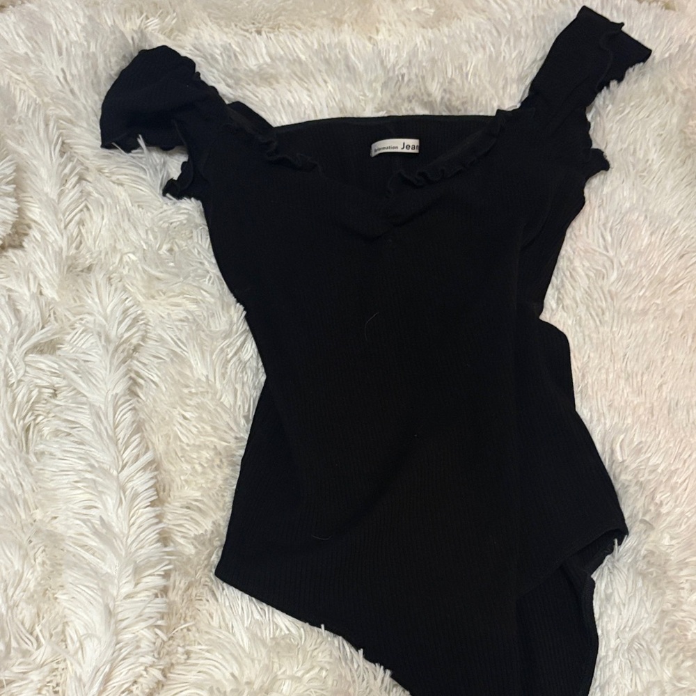 Reformation Black Ruffled Off-Shoulder Bodysuit